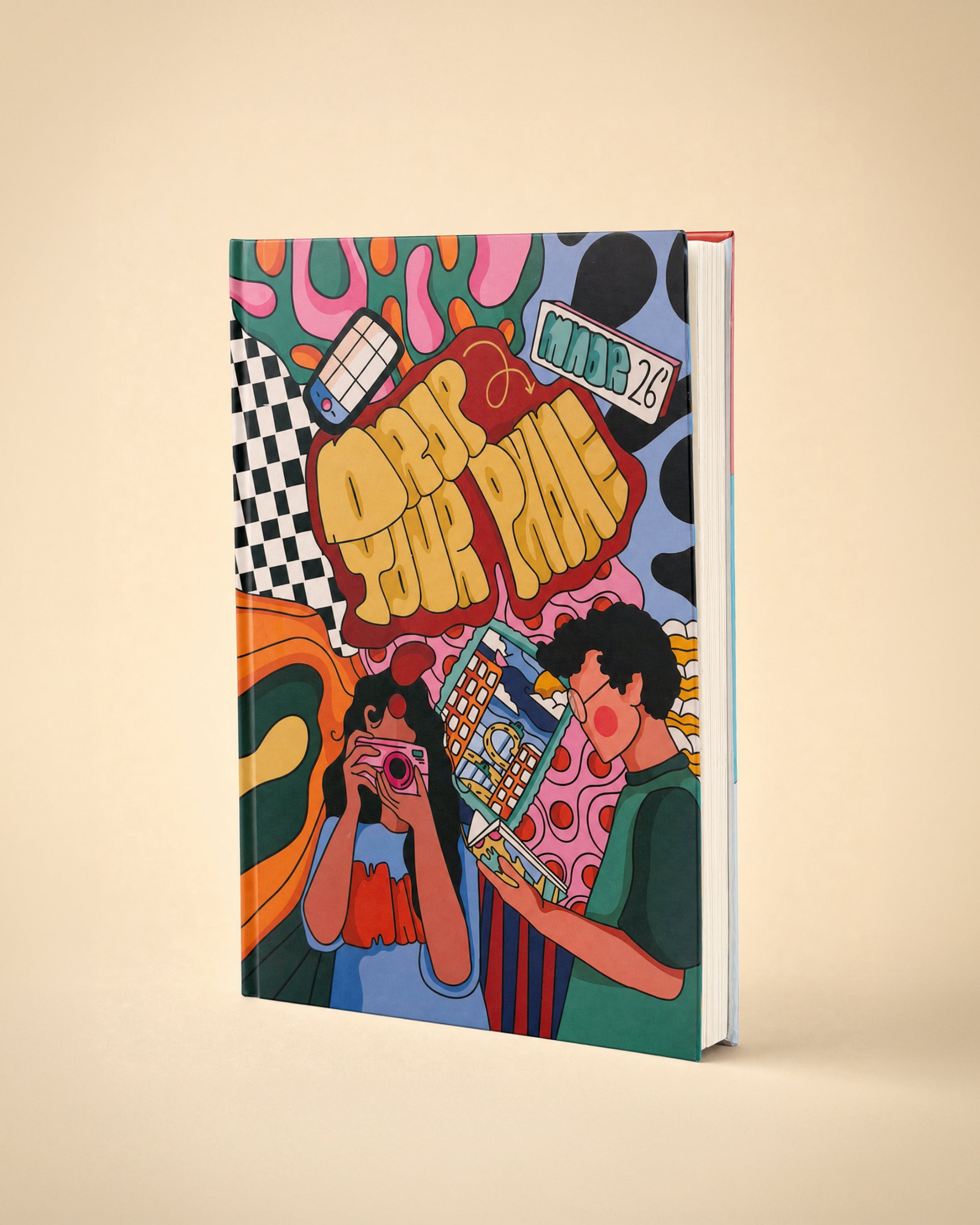 A hardcover art book standing upright on a light beige background. The cover features a vibrant, colorful retro-style illustration with two young people, pixel art, and retro patterns.