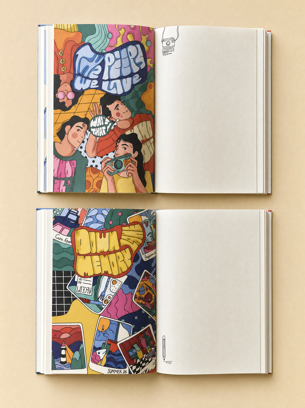 Two open books displayed vertically on a beige background. The top book has a colorful illustrated cover with the text 'The Peeps We Love' and blank white pages on the right.