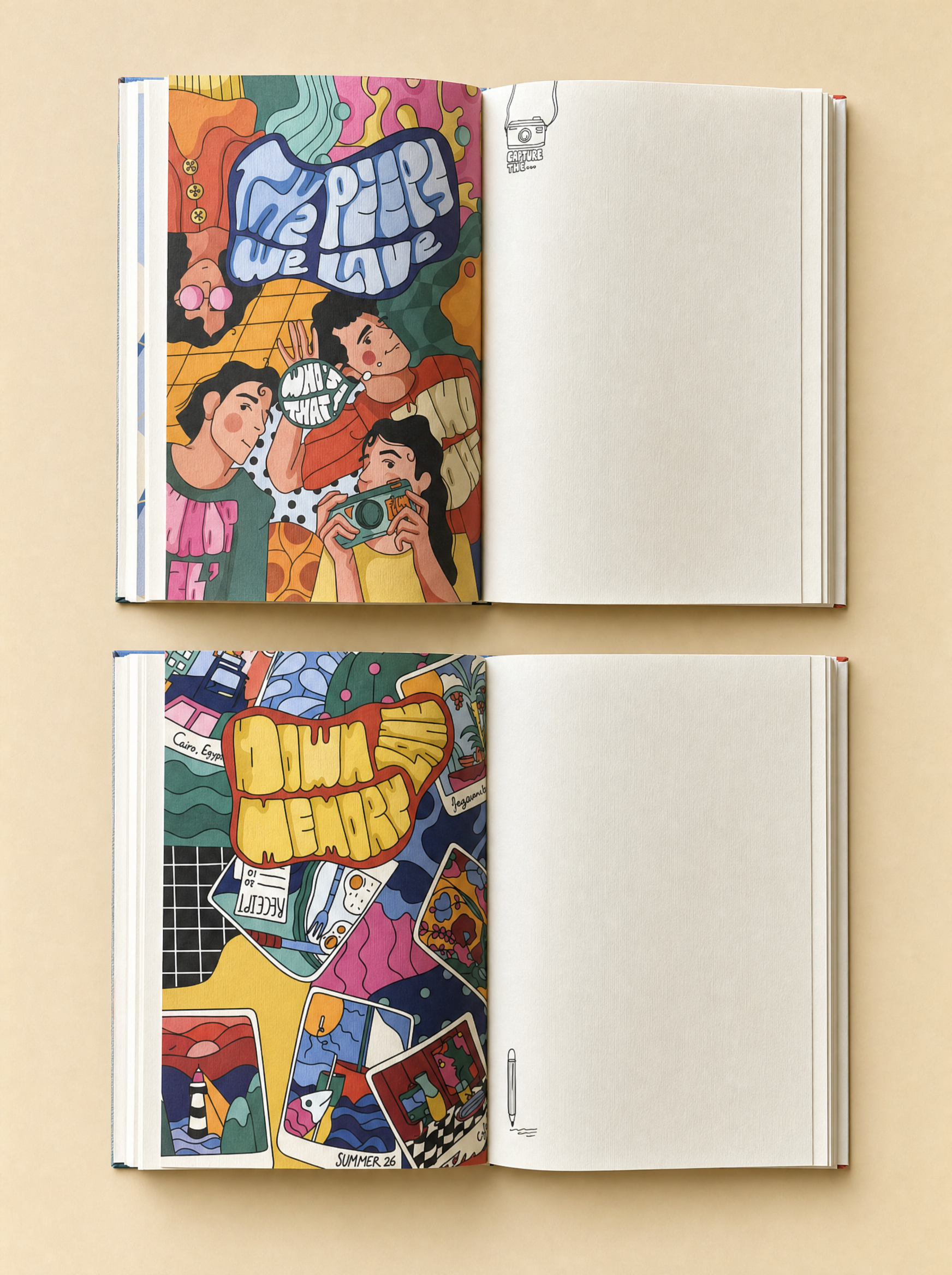 Two open books displayed vertically on a beige background. The top book has a colorful illustrated cover with the text 'The Peeps We Love' and blank white pages on the right.