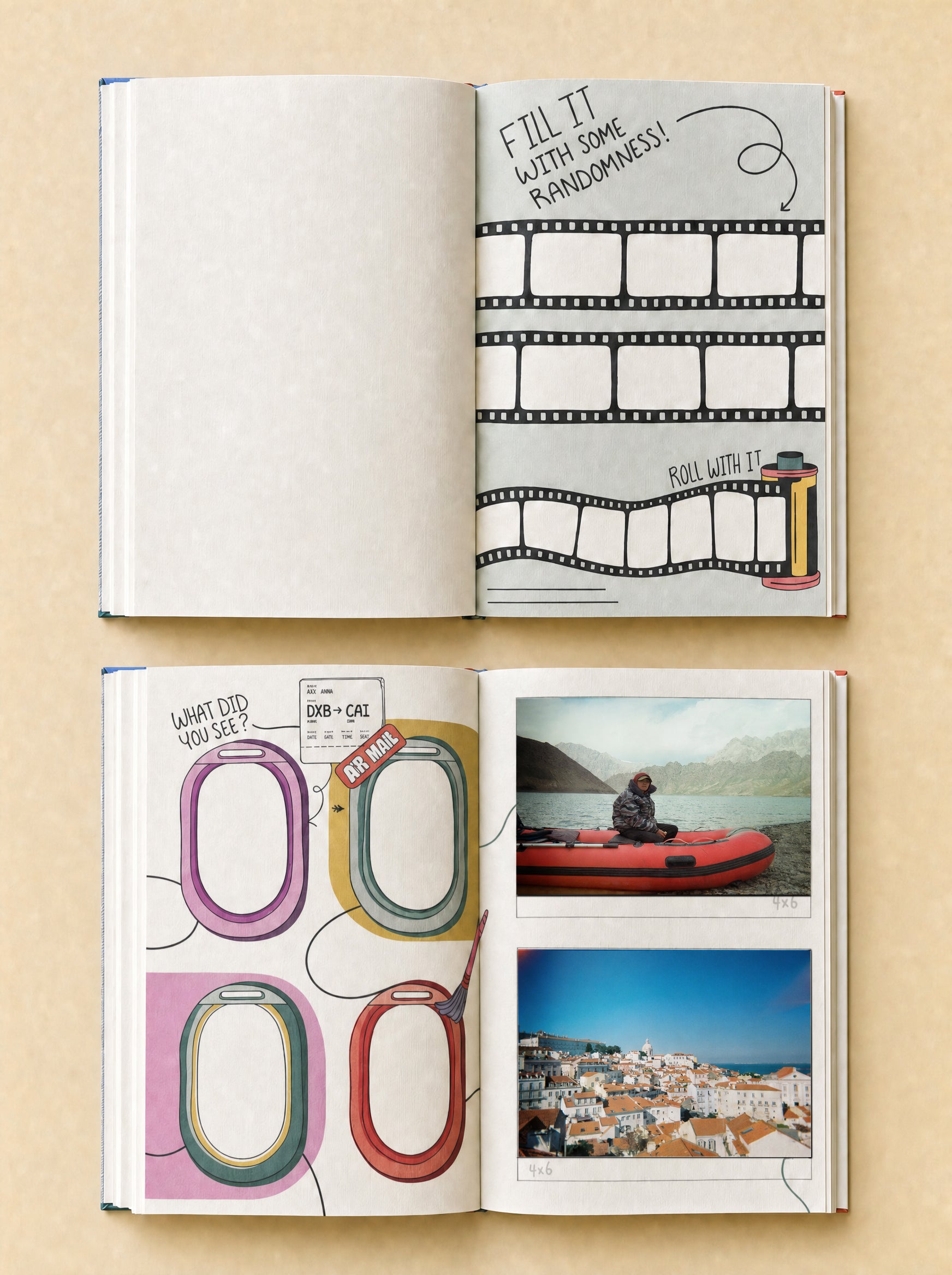 An open travel journal or notebook / photobook / photo album spread on a beige background, showing illustrated pages with film strips, colorful oval shapes, and two travel photographs on the lower spread.